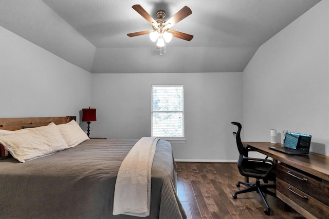 bedroom with dark wood-style flooring, vaulted ceiling, baseboards, and ceiling fan