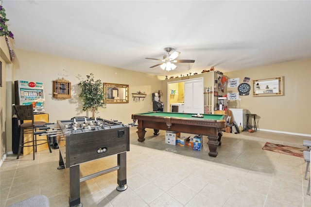 playroom featuring light tile patterned floors, ceiling fan, billiards, and baseboards