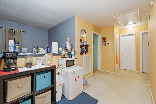 interior space featuring attic access, visible vents, carpet floors, and a textured ceiling