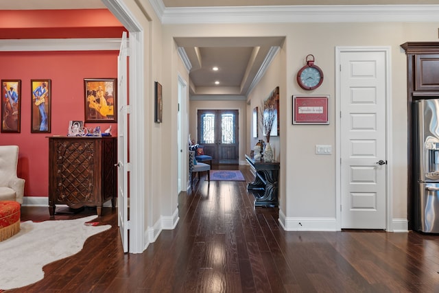 hall featuring baseboards, dark wood-style flooring, crown molding, and recessed lighting