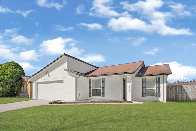 ranch-style home featuring a garage, brick siding, fence, concrete driveway, and a front lawn