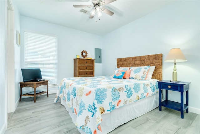 bedroom with ceiling fan, visible vents, baseboards, light wood-style floors, and electric panel