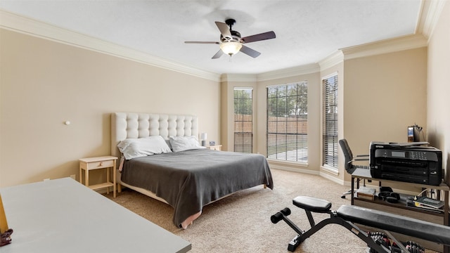 bedroom with light carpet, ceiling fan, ornamental molding, and baseboards