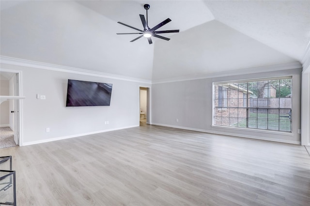 unfurnished living room featuring crown molding, light wood-style floors, ceiling fan, high vaulted ceiling, and baseboards