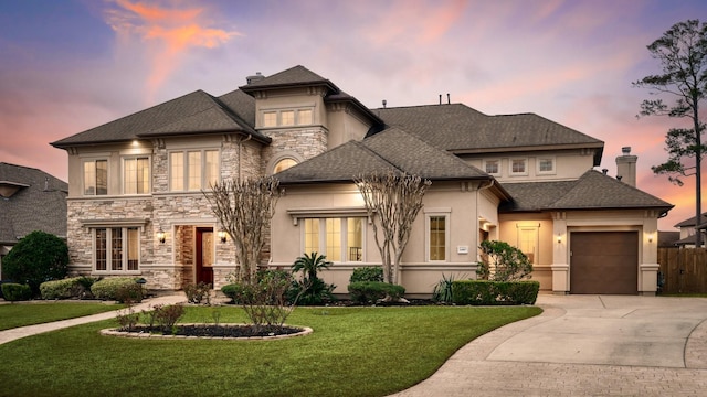 view of front of house with concrete driveway, stone siding, an attached garage, a front yard, and stucco siding