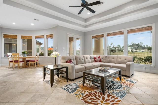 living room featuring recessed lighting, visible vents, crown molding, and baseboards