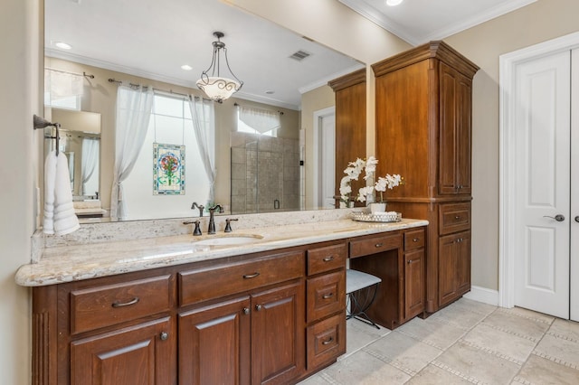 full bath featuring a stall shower, vanity, visible vents, and crown molding