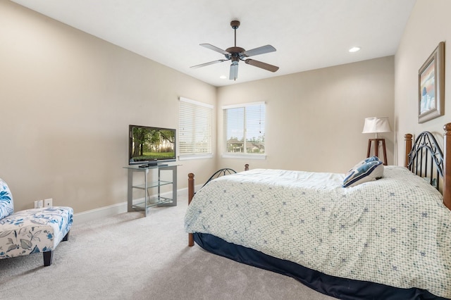 carpeted bedroom with ceiling fan, baseboards, and recessed lighting