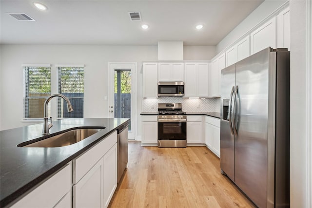 kitchen with tasteful backsplash, visible vents, appliances with stainless steel finishes, white cabinetry, and a sink