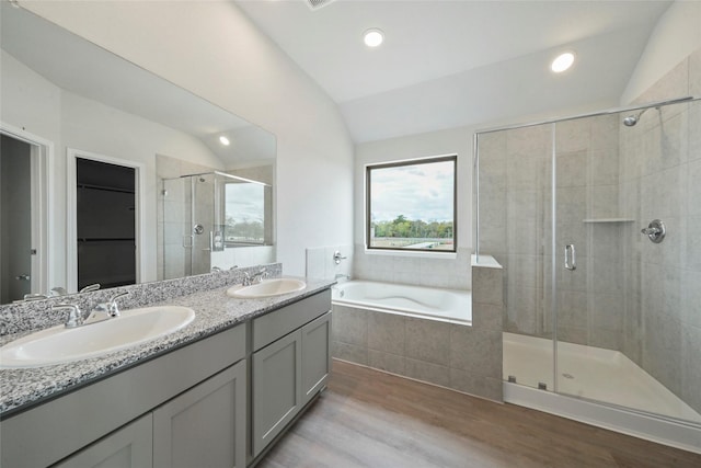 bathroom with lofted ceiling, a sink, a spacious closet, and wood finished floors