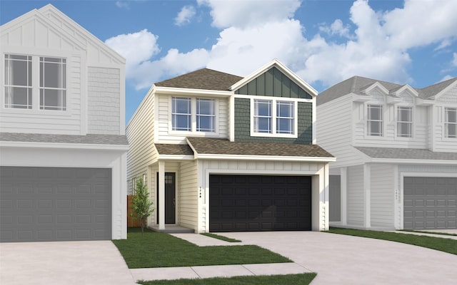 view of front of home with driveway, an attached garage, board and batten siding, and roof with shingles