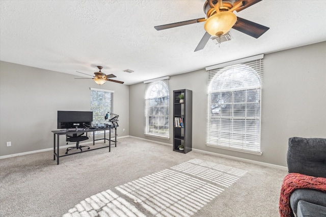 home office featuring light carpet, a textured ceiling, visible vents, and baseboards