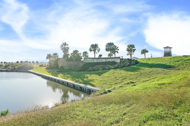 view of property's community featuring a lawn and a water view