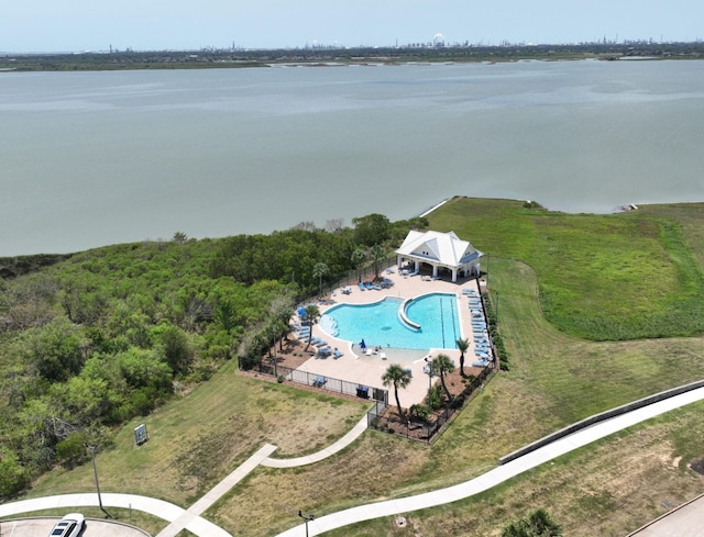 birds eye view of property featuring a water view