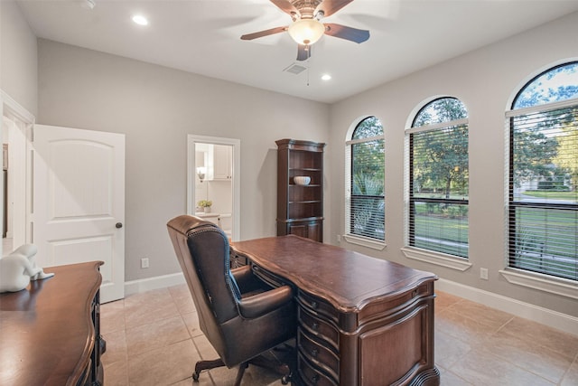 office with ceiling fan, light tile patterned flooring, recessed lighting, visible vents, and baseboards