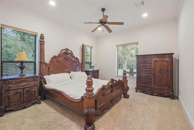 bedroom with baseboards, visible vents, a ceiling fan, ornamental molding, and recessed lighting