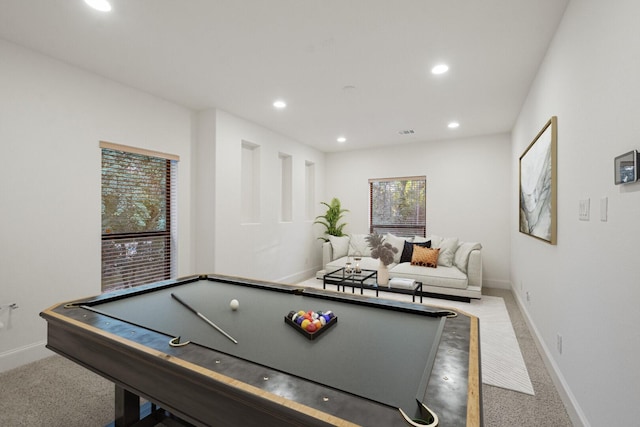 recreation room featuring recessed lighting, pool table, visible vents, light carpet, and baseboards