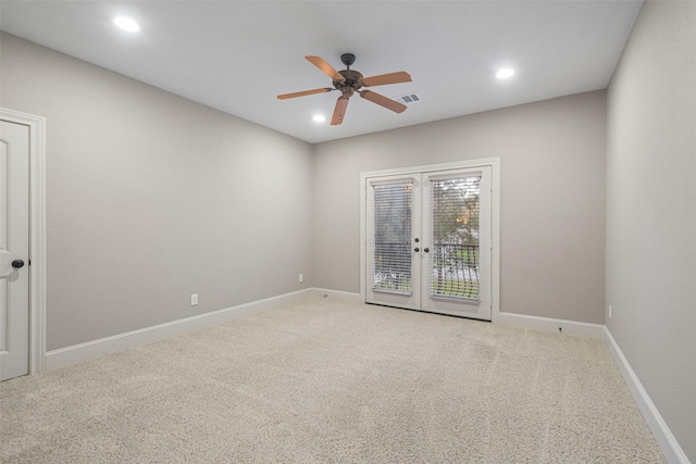 unfurnished room featuring recessed lighting, french doors, carpet flooring, and baseboards