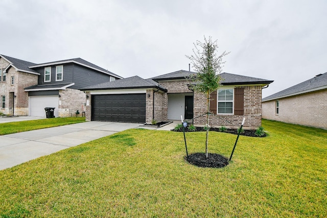 view of front of property featuring an attached garage, brick siding, concrete driveway, roof with shingles, and a front lawn