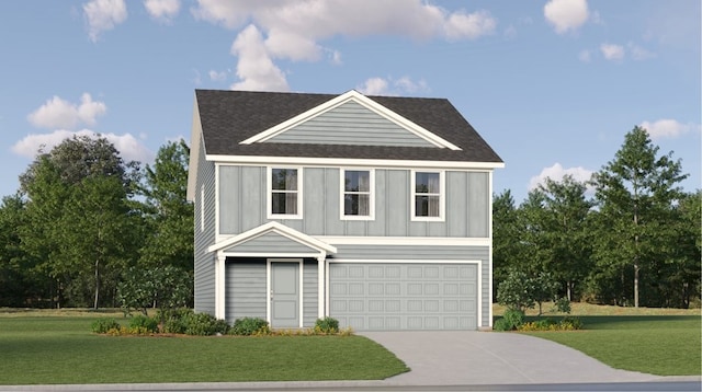 view of front of property with a front lawn, driveway, roof with shingles, and an attached garage