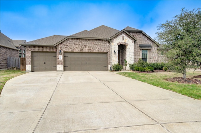 french country style house featuring brick siding, driveway, an attached garage, and roof with shingles