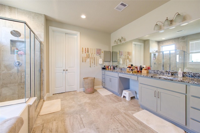 bathroom with a stall shower, baseboards, visible vents, vanity, and recessed lighting