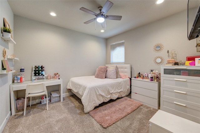 bedroom featuring light carpet, baseboards, a ceiling fan, and recessed lighting