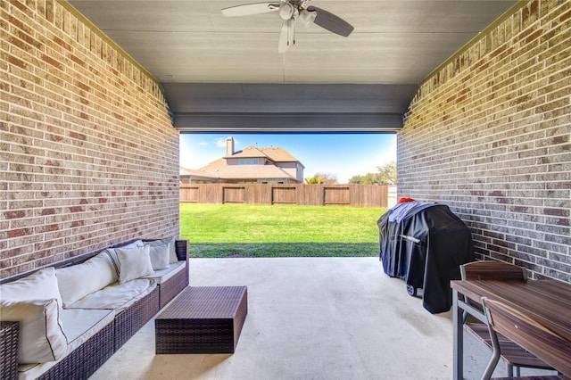 view of patio / terrace featuring ceiling fan, an outdoor hangout area, a fenced backyard, and a grill