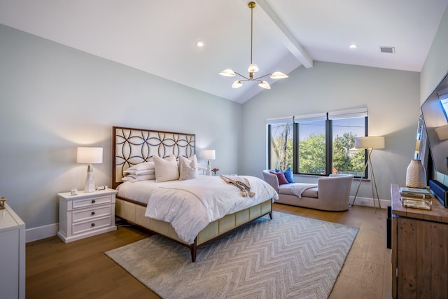 bedroom featuring beam ceiling, a notable chandelier, visible vents, wood finished floors, and baseboards