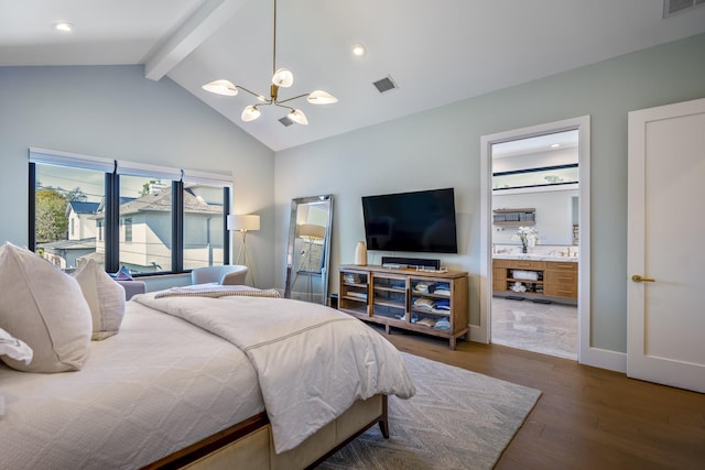 bedroom with visible vents, a chandelier, beamed ceiling, wood finished floors, and high vaulted ceiling