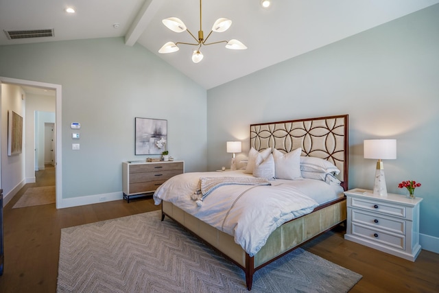 bedroom with vaulted ceiling with beams, an inviting chandelier, visible vents, and wood finished floors