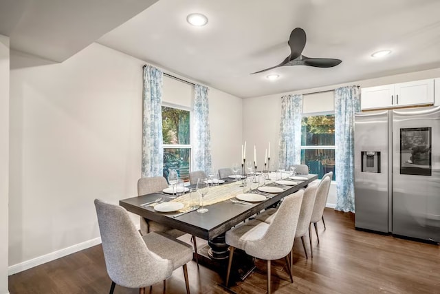 dining space featuring ceiling fan, recessed lighting, dark wood finished floors, and baseboards