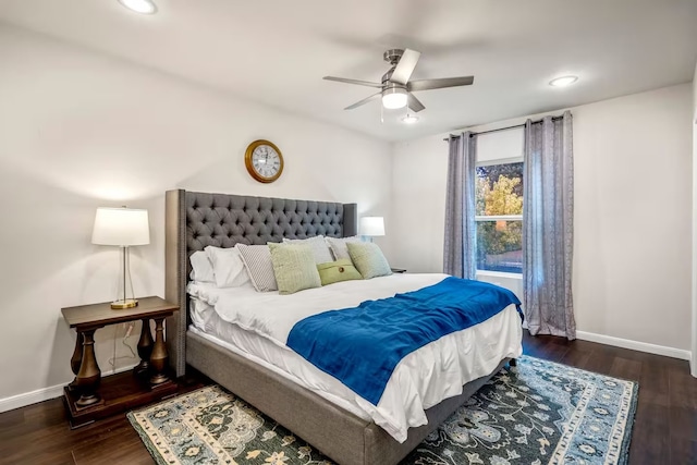 bedroom with dark wood-type flooring, recessed lighting, and baseboards