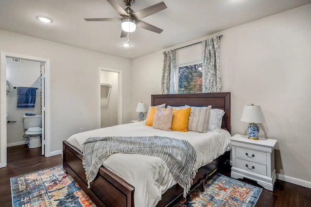 bedroom featuring dark wood-style floors, ceiling fan, recessed lighting, and baseboards