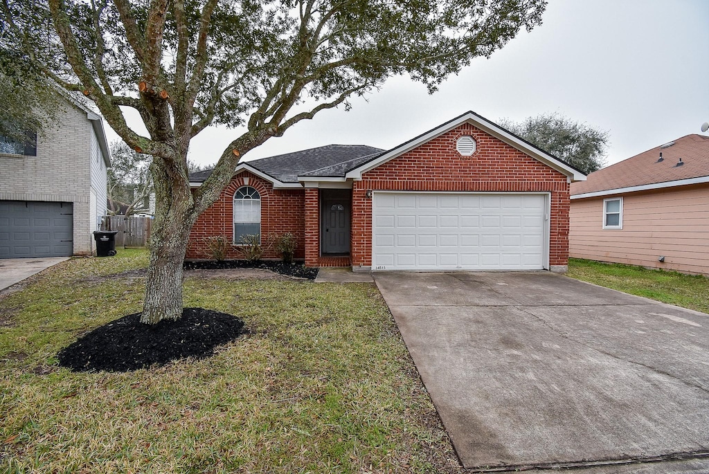 ranch-style house featuring driveway, brick siding, a front lawn, and an attached garage