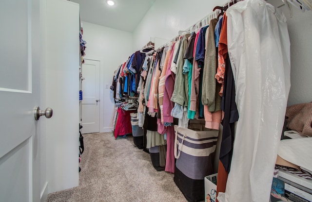 spacious closet featuring light colored carpet