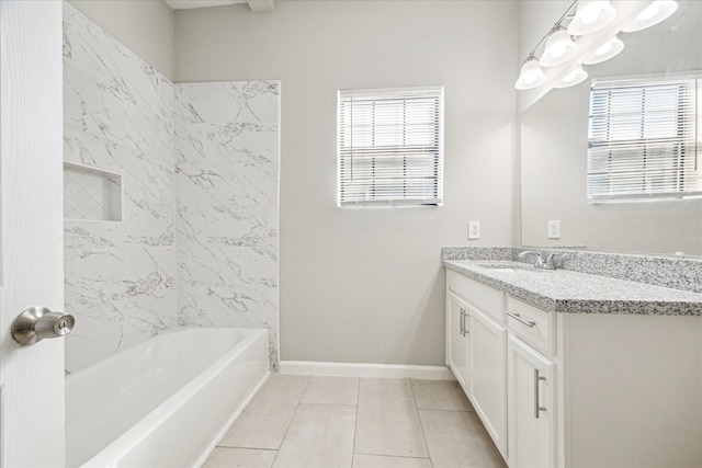 bathroom with shower / washtub combination, vanity, baseboards, and tile patterned floors