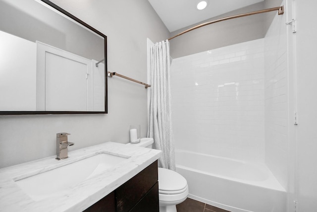 full bath with shower / tub combo, vanity, toilet, and tile patterned floors