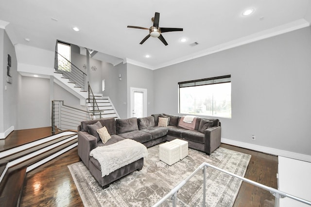 living room with stairs, dark wood-style flooring, recessed lighting, and baseboards