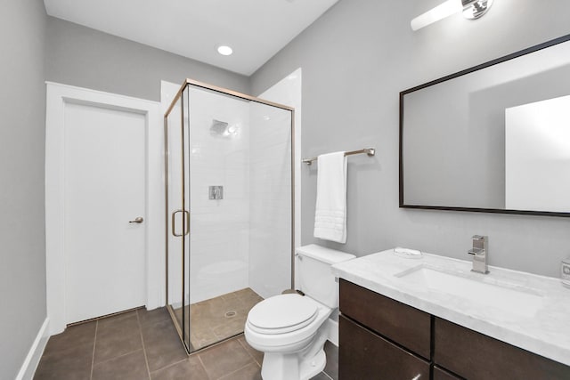 bathroom featuring tile patterned flooring, a shower stall, toilet, and vanity