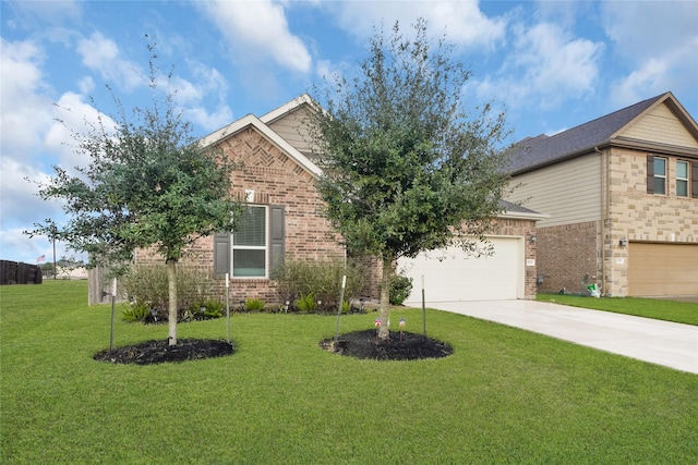 view of front of home featuring concrete driveway, brick siding, and a front lawn