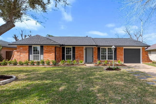 single story home with a garage, concrete driveway, roof with shingles, and a front lawn