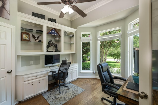 office featuring ceiling fan, light wood-style floors, baseboards, built in desk, and crown molding