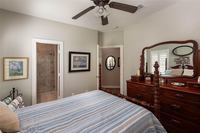 bedroom featuring ensuite bath and ceiling fan