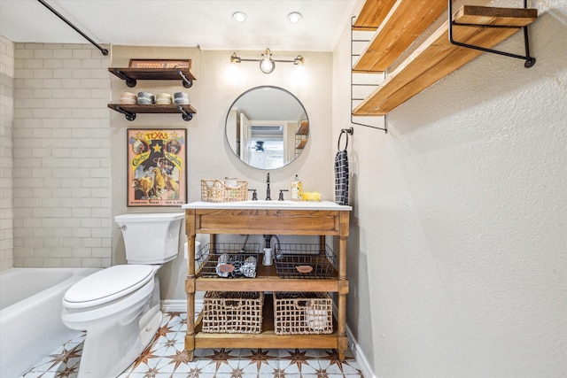 full bath with shower / bathing tub combination, a sink, toilet, and baseboards