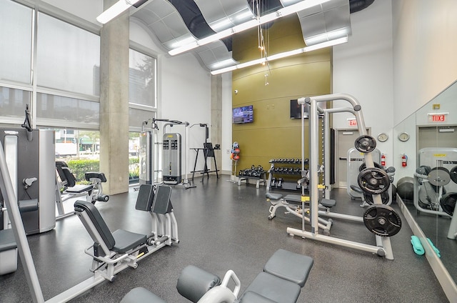 gym with a towering ceiling