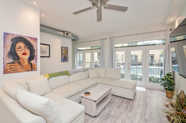 living room with french doors, recessed lighting, visible vents, light wood-style flooring, and ceiling fan