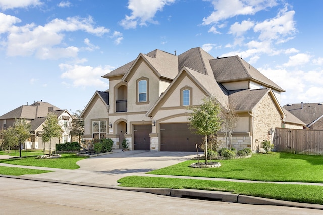 french country home featuring a garage, fence, concrete driveway, stucco siding, and a front yard