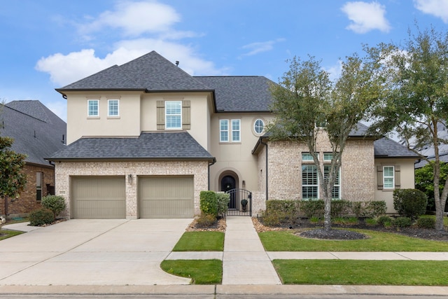 view of front of house with driveway, brick siding, a shingled roof, an attached garage, and stucco siding