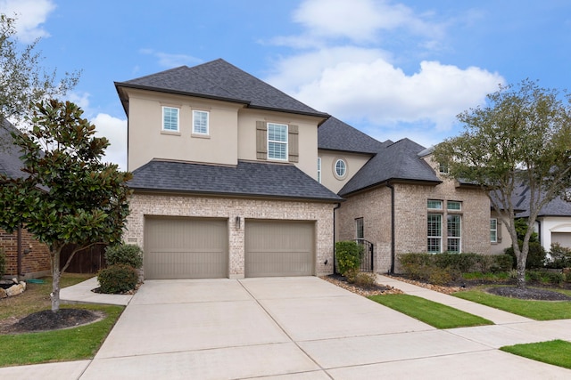 view of front of house featuring driveway, roof with shingles, an attached garage, and stucco siding